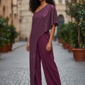 R&M Richards Plum One-Shoulder Sequin Jumpsuit with Draped Overlay